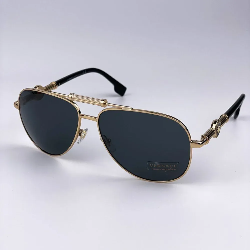 NEW Versace VE2236 100287 Gold Dark Gray Pilot Metal Unisex Sunglasses